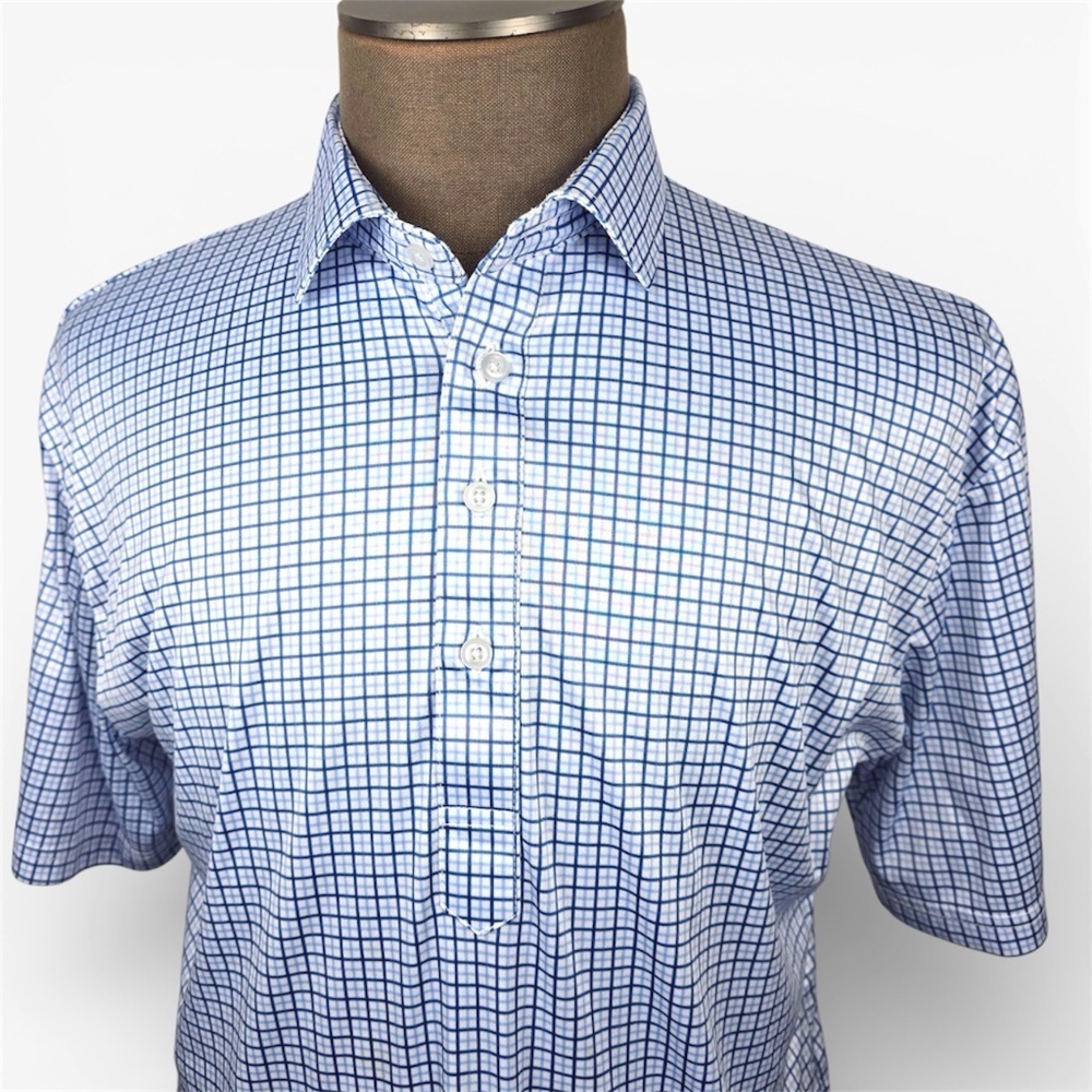 Collars & Co. Semi-Spread Collar Polo -Thin Blue Check Performance Shirt XL-Tall